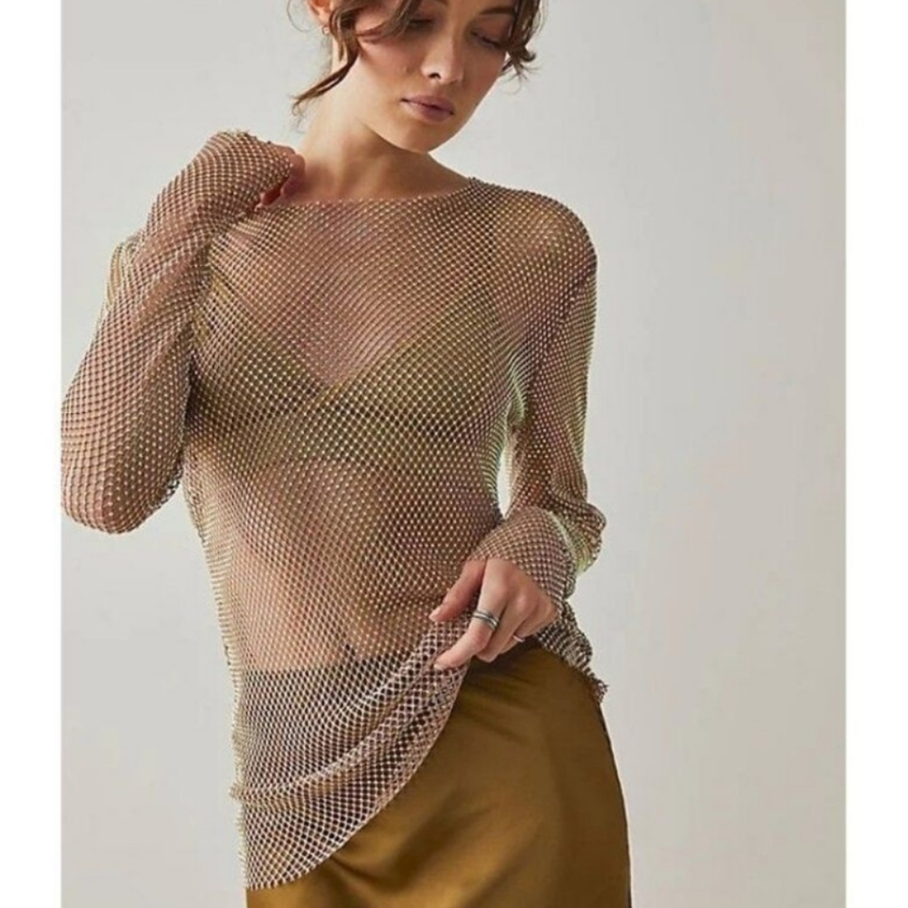 Free People Fishnet Rhinestone Top, Size S - Picture 2 of 9